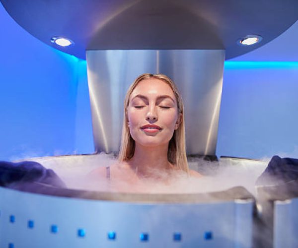 Portrait of happy young woman in a whole body cryotherapy cabin with her eyes closed. Cryosauna chamber for overall increase in muscular performance.